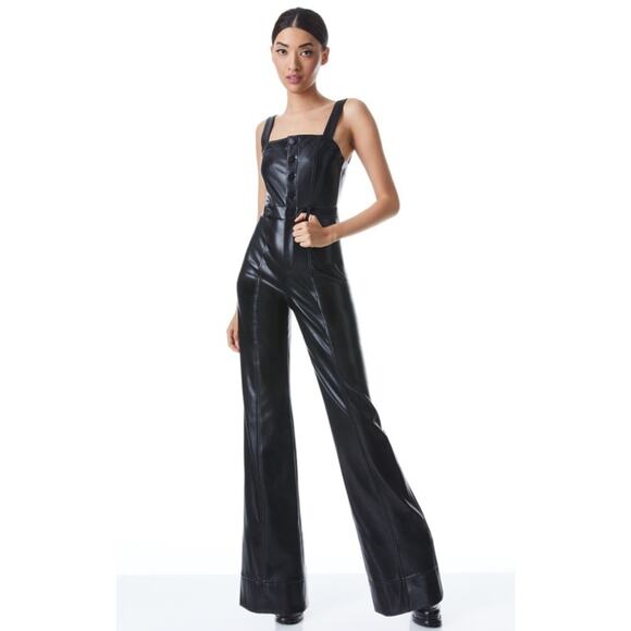 Alice + Olivia Pants - Alice + Olivia Linette Vegan Leather Jumpsuit Black Wide Leg Size XS